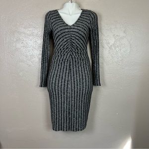 Three Dots Small Grey Ribbed Long Sleeve‎ V-neck Ruched Bodycon Dress